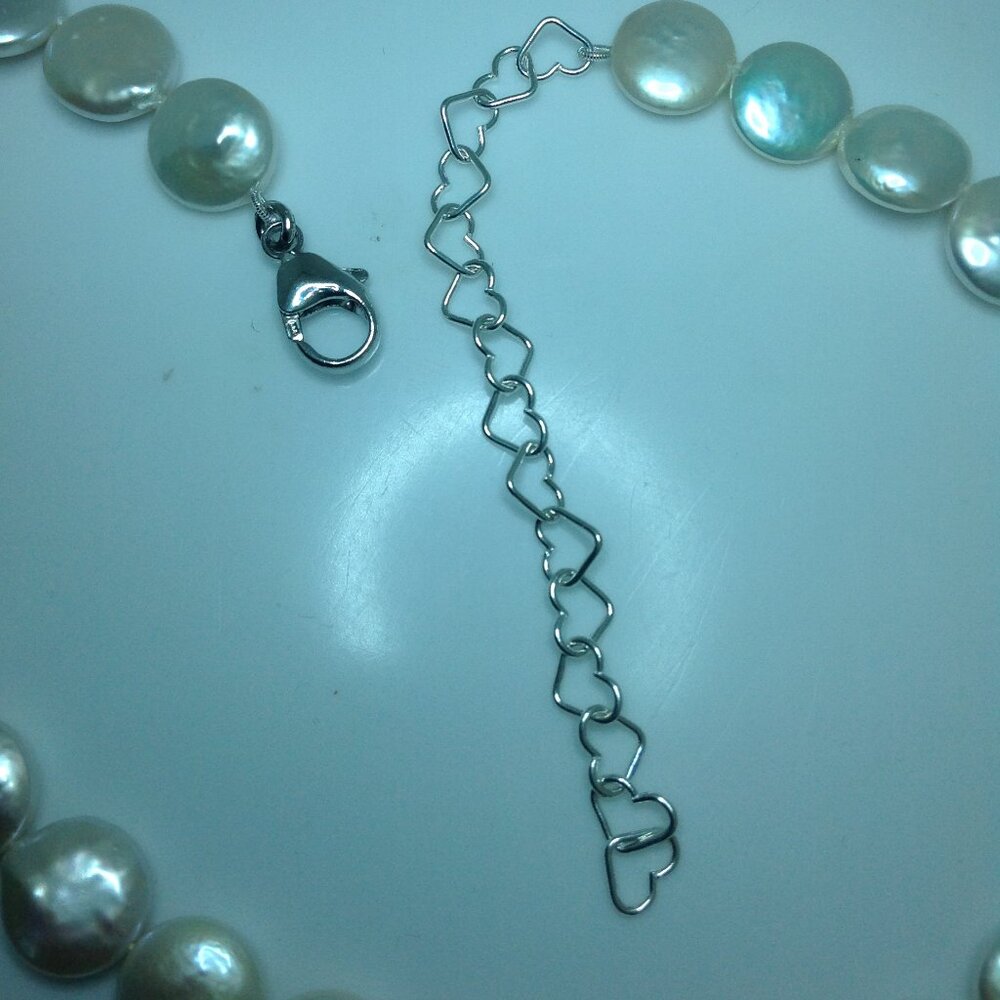 Silver White Freshwater Coin Pearl Necklace - Picture 4 of 6